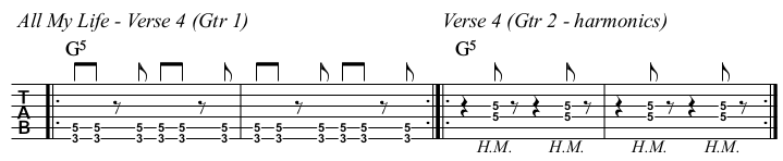 All My Life TAB, verse 4 gtr 1 and 2.