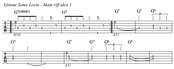 Gimme Some Lovin' TAB, main riff idea 1.