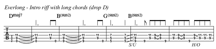 Everlong TAB, intro riff with long chords.