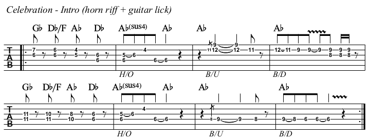 Celebration TAB, intro horns and guitar lick.