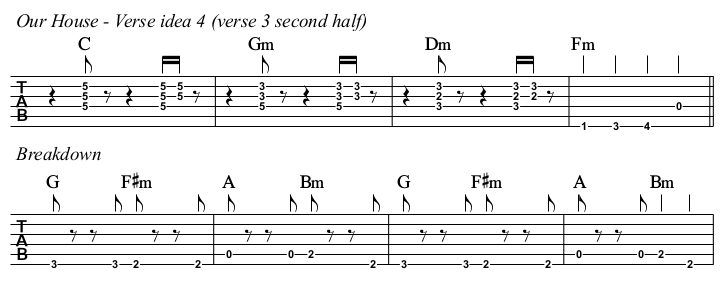 Our House TAB, verse idea 4 and breakdown.