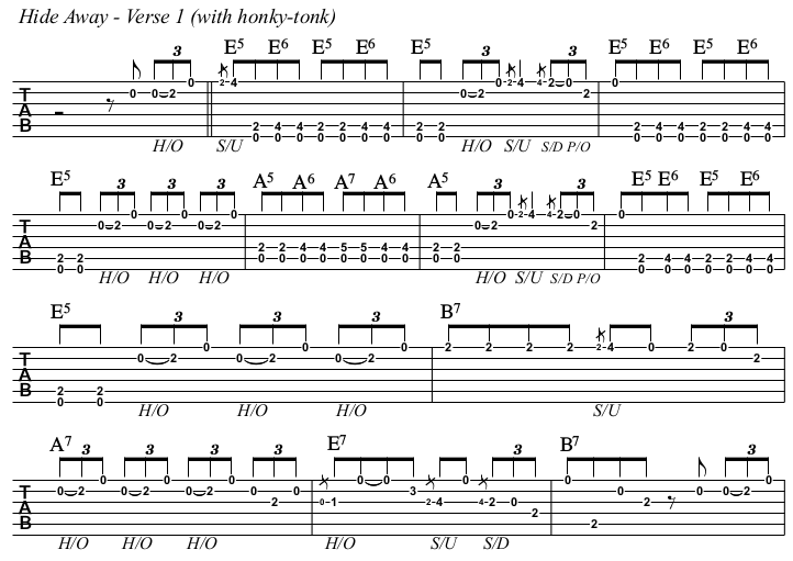 Hide Away TAB, verse 1 with honky tonk.